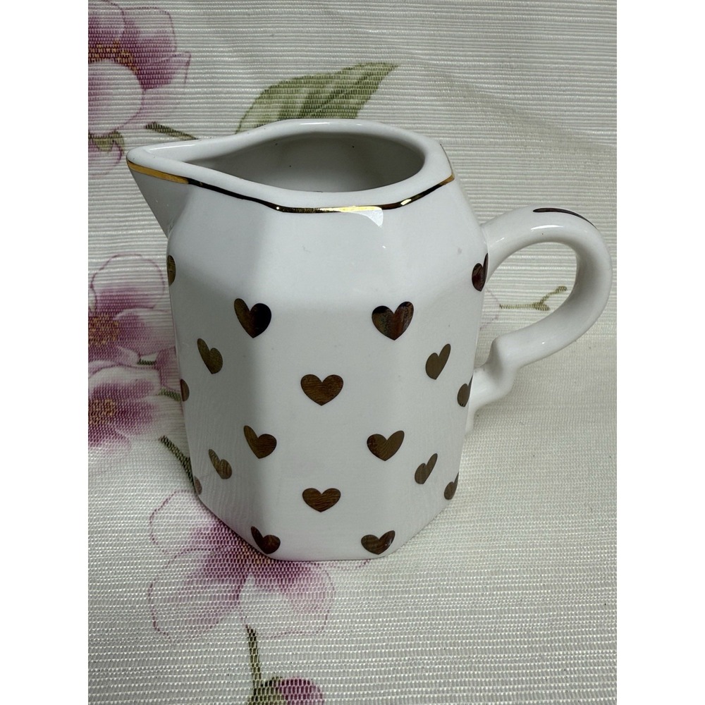 Elegance White Ceramic Creamer Pitcher Gold Hearts Trim 3.5" Cottage Kitchen